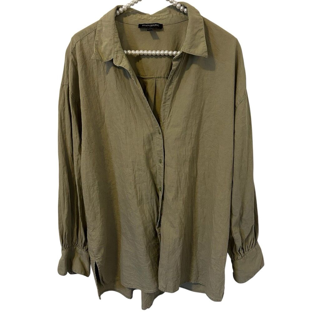 Banana Republic Linen Blend Shirt Women XL Green Button Capsule Beach Coastal